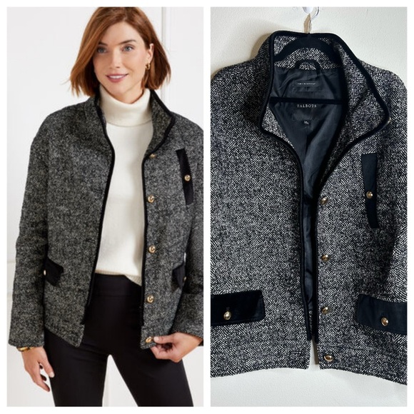 Classic Old Money Preppy Talbots XL Black White Textured Winter Fall Coat Gold - Picture 4 of 16